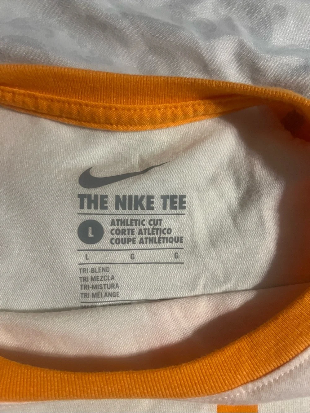 Nike Women White Shirt with Orange Raglan Sleeves and T Logo Large